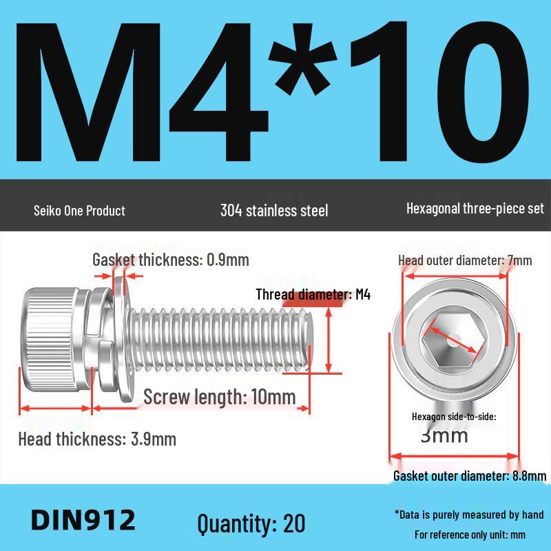 304 Stainless Steel Hex Socket Cap Screw with Washer - Sizes M3, M4, M5, M6, M8, M12