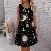 Women Plus Size Sleeveless Round Neck Mystical Sun Moon Star Print Loose Knee Length Casual Dress