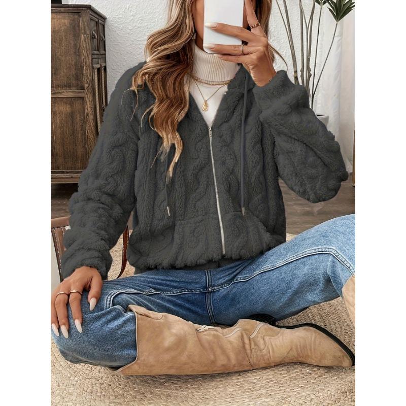 Women Double Sided Fleece Drawstring Hooded Zipper Open Cardigan Casual Autumn Winter Outerwear