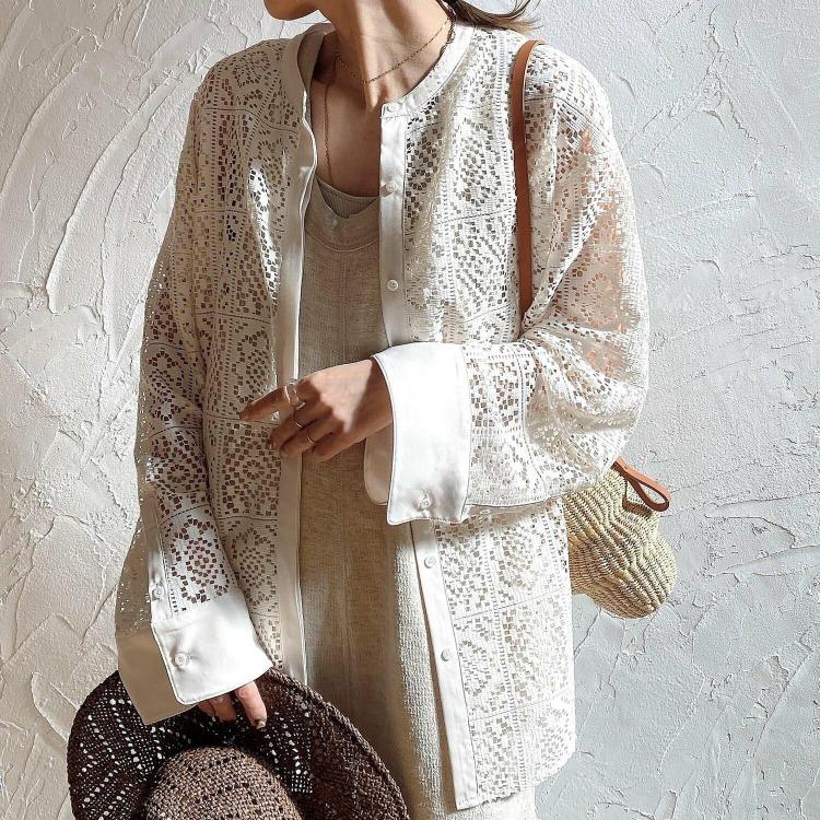 

2024 Новая Весна Женская Кружевная Блузка Длинный Рукав Модные Топы Свободные Футболки Белый Dimanaf One Size бежевый