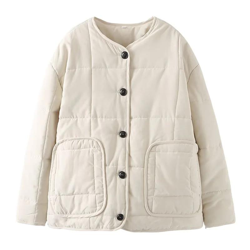 

Однотонная женская стеганая куртка с круглым вырезом, однобортная, с длинным рукавом и карманом, свободная, осенне-зимняя, женская куртка M белый