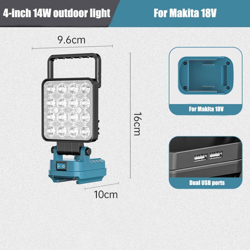 Portable LED Work Light Construction Site Floodlight for Makita/Milwaukee 18V Batteries with Dual USB Ports for Outdoor Camping