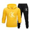 Linegeo Men Hoodie & Jogger Set, Refined Striped Interlocked Letter Art Print, Thick Fleece Sport Two Piece Set for Street Leisure