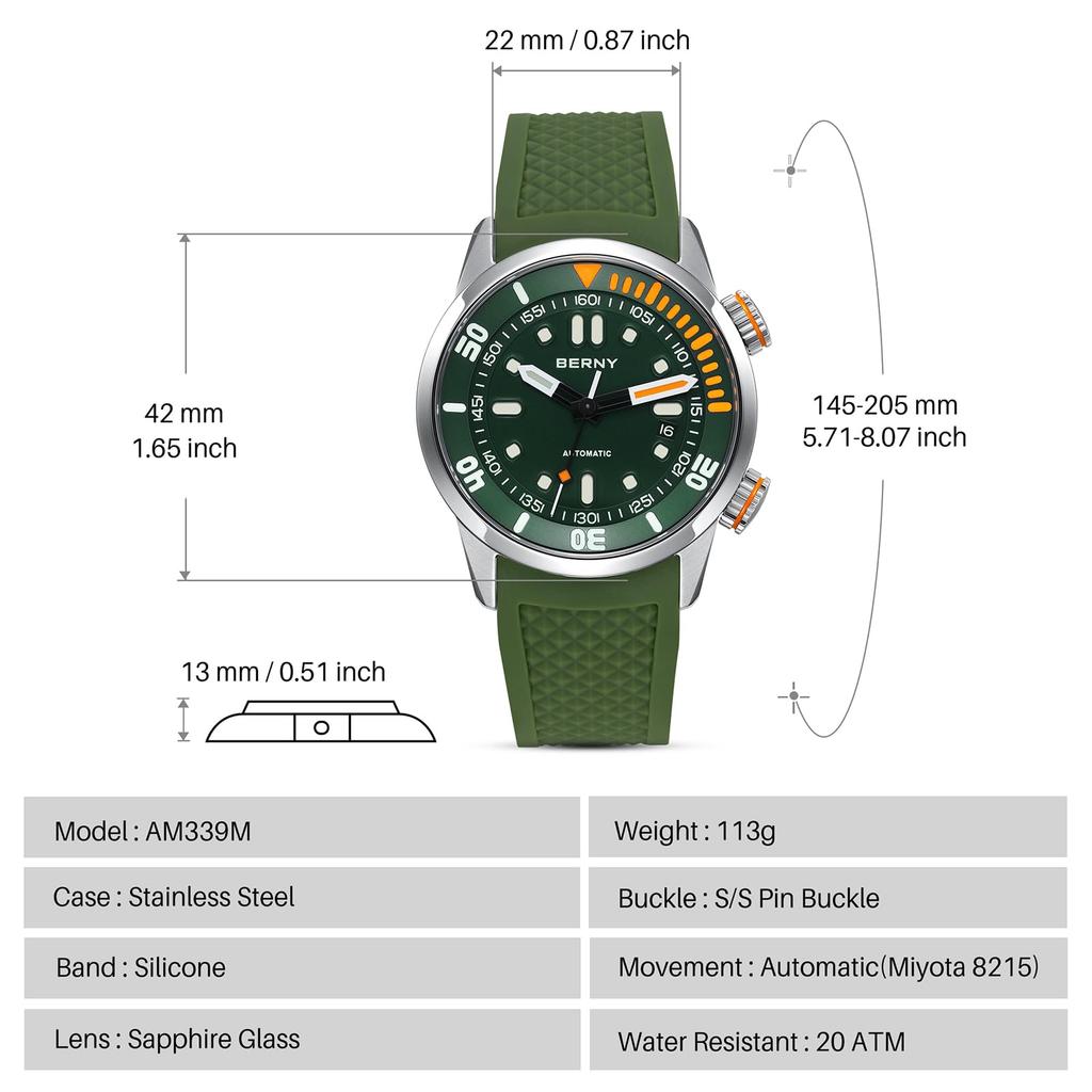 BERNY Men's Mechanical Dive Watch, 20ATM Waterproof, Sapphire Glass, Comfortable Silicone Band, Super Luminous, Automatic & Manual Wind
