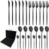 24Pcs Black Mirror Flatware Cutlery Set Stainless Steel Dinnerware Set Western Knife Fork Spoon Silverware Set Kitchen Tableware