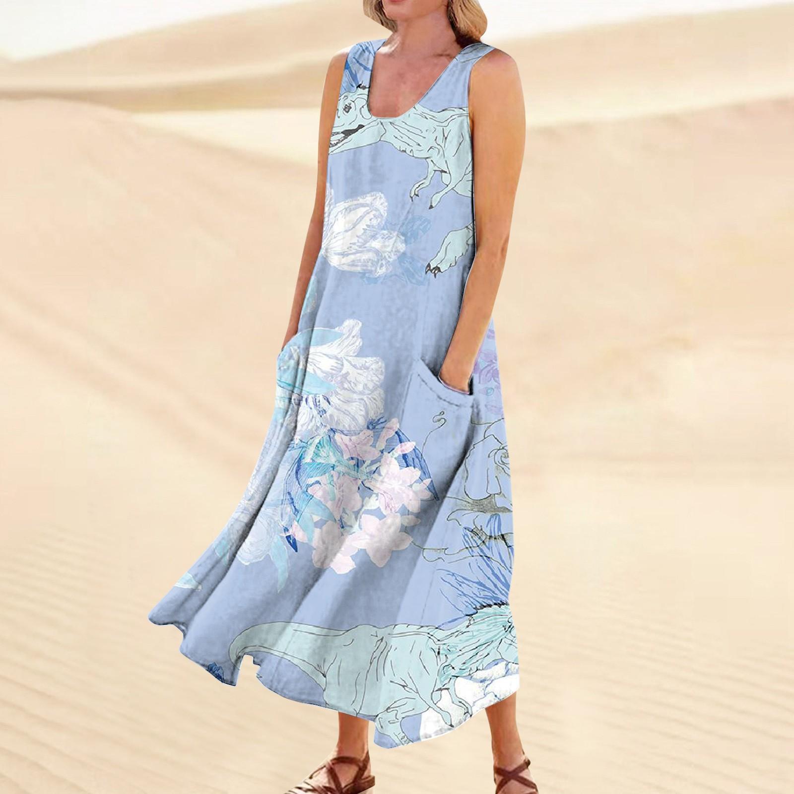 

Женское повседневное удобное хлопковое карманное платье без рукавов с цветочным принтом XXXXXL