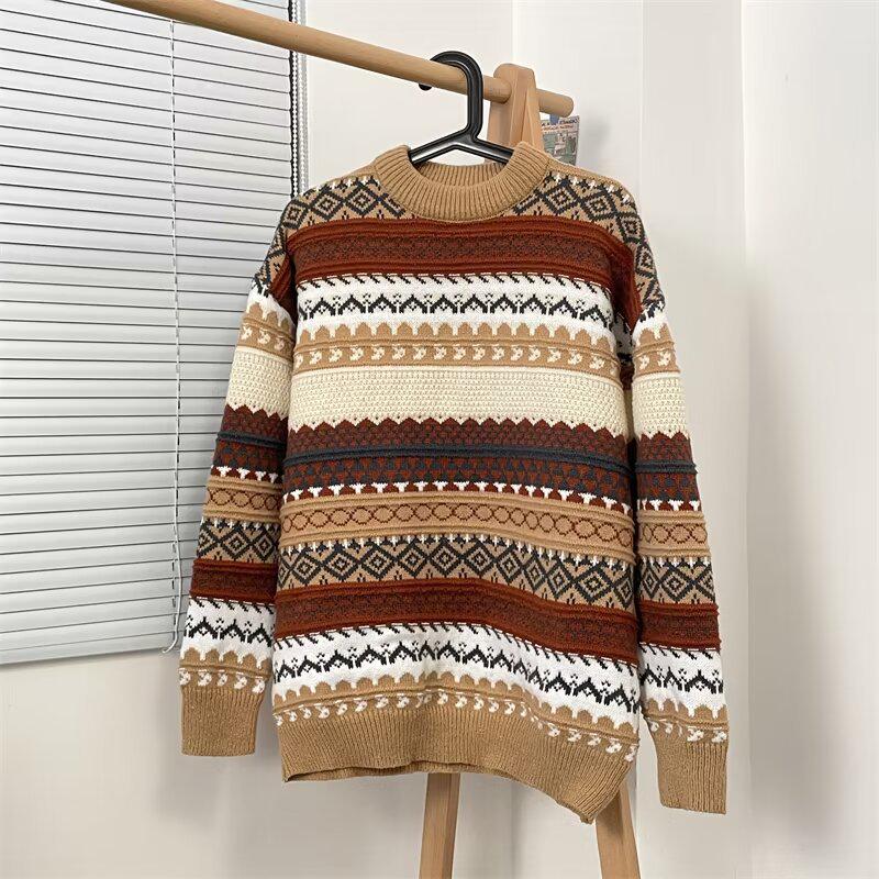 

Мужской ретро корейский полосатый этнический свитер - зимний свободный повседневный пуловер M коричневый