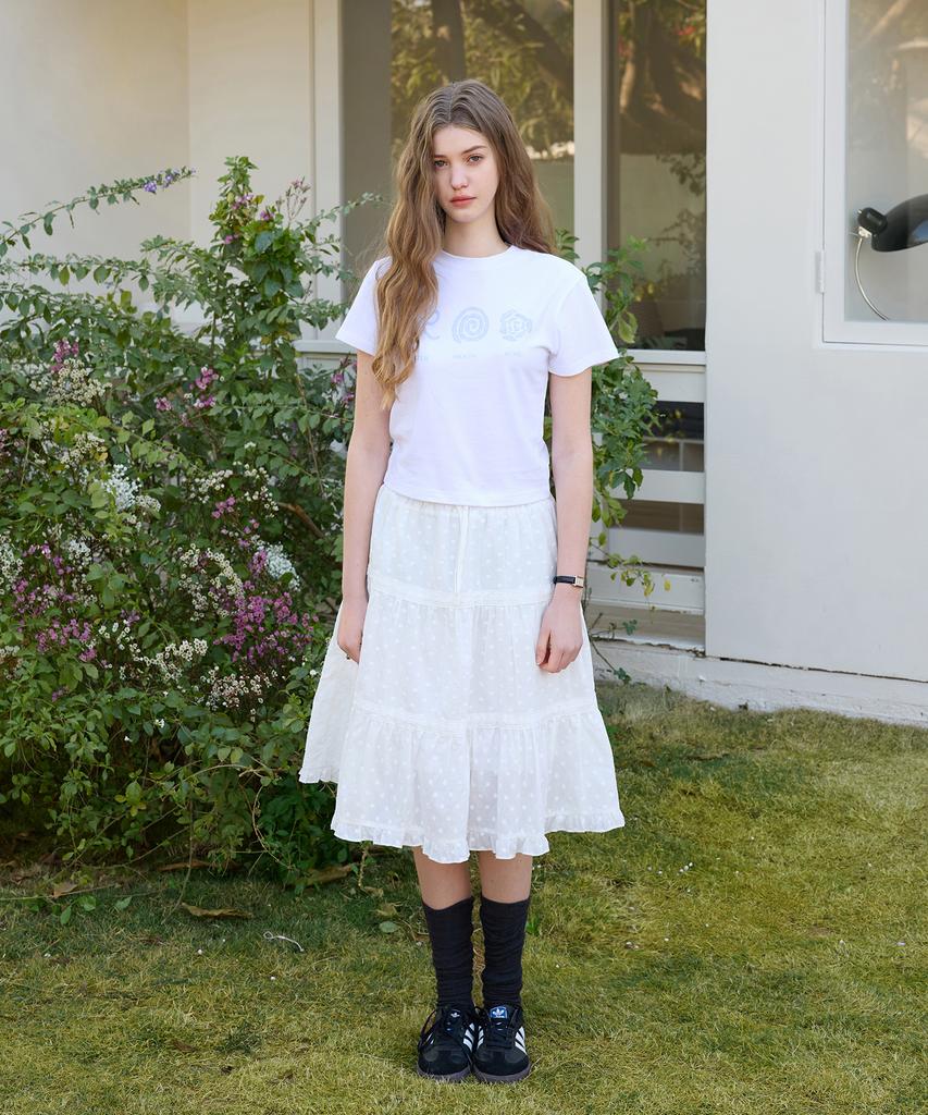 Letter From Moon Flower Lace Tiered Midi Skirt (White)