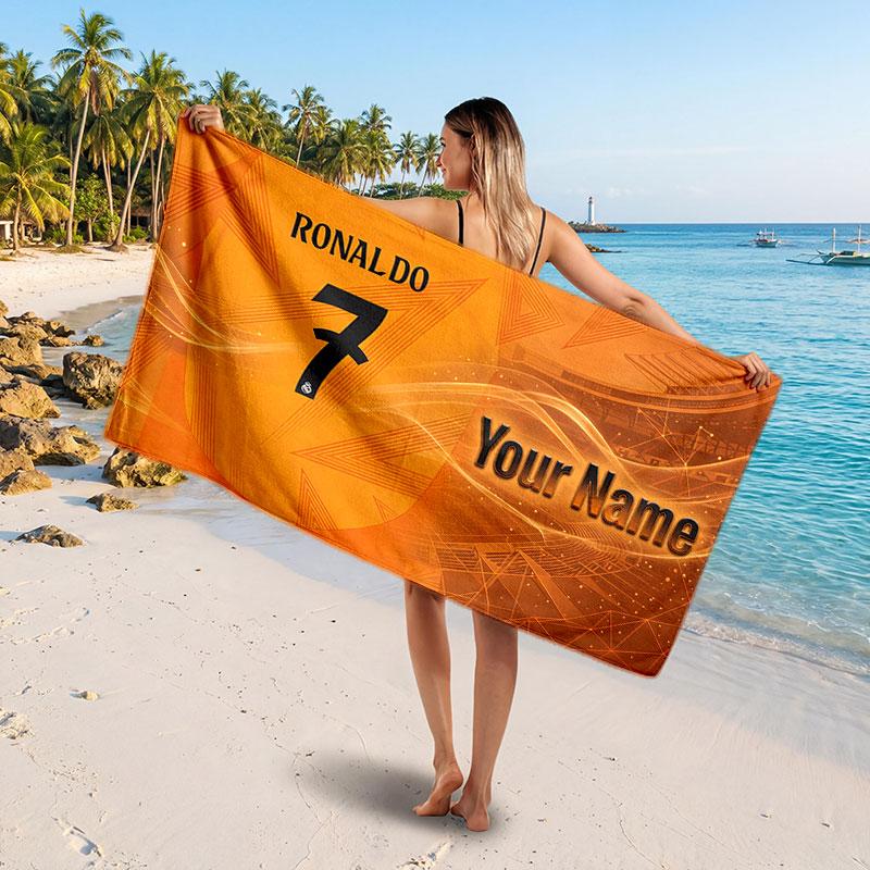 Cristiano Ronaldo Custom Beach Towel, Personalized Name Text Print, Football Logo Soft Quick‑Dry Towel Holiday Gift