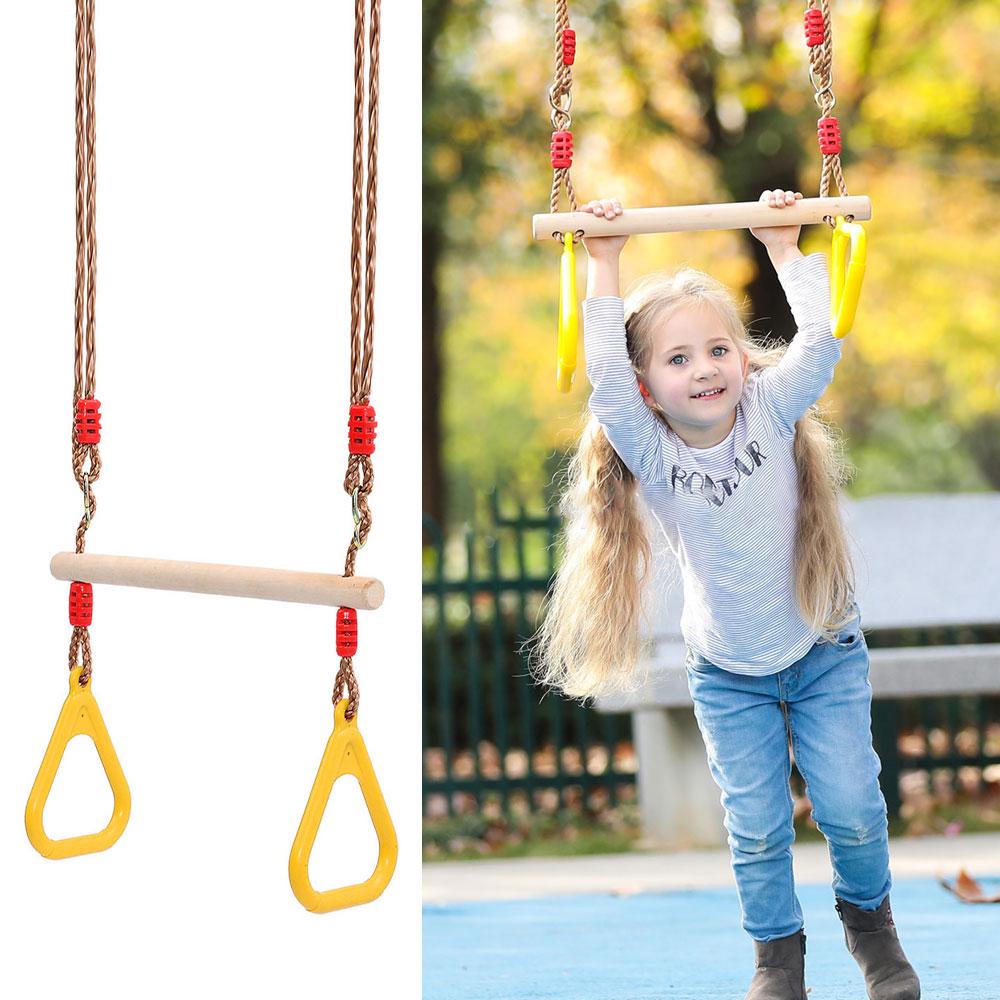 Trapeze Swing Bar Trapeze Wooden Stick Swing Bar Fitness Gym Rings for Adult Children Yellow