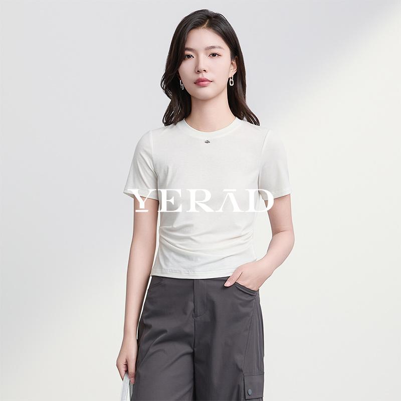 Yalida waist cinched shoulder fashionable and simple short sleeved top T-shirt