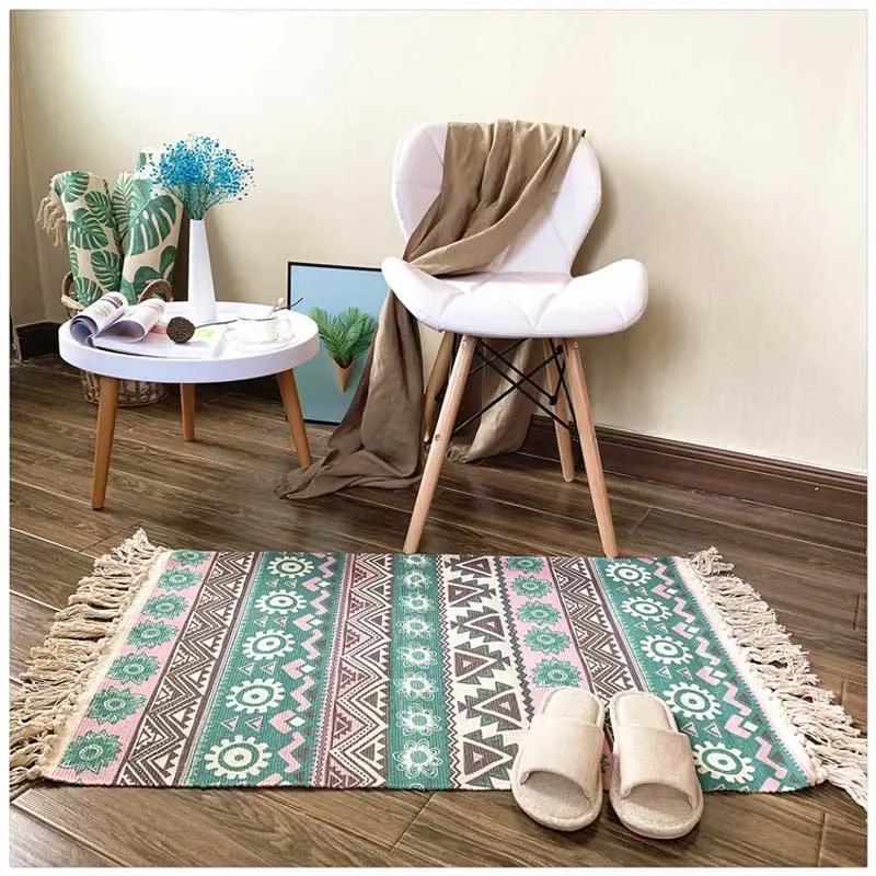 Nordic Hand Woven Cotton Linen Tassel Carpet Bedside Rug for Geometric Floor Living Room Sofa End Table Bedroom Home Decoration 50x80cm