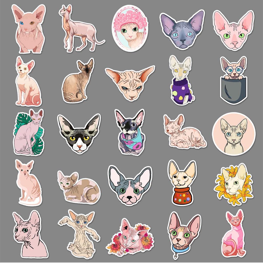 Sphinx Hairless Cat Waterproof Stickers - 50 Cartoon Sheets for Phone and Suitcase Decoration
