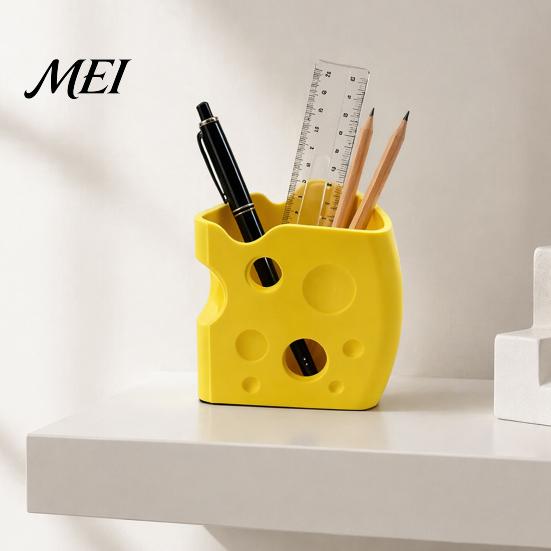 Modern Minimalist Desk Organizer Cheese Shape Storage Box, Cute Yellow Plastic Organizer, 3D Printing Stable Base for Table Creative Ornament