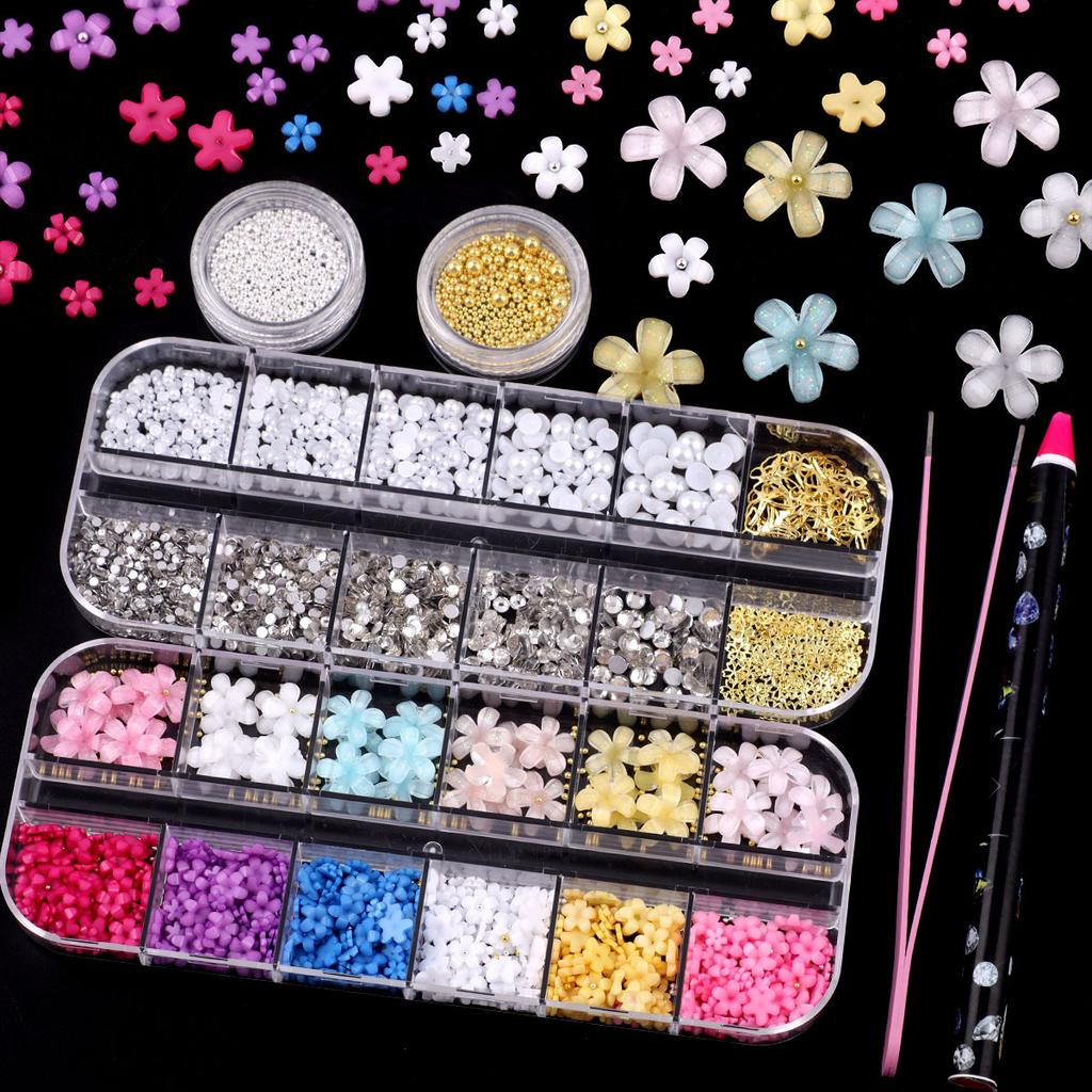 Nail Art Jewelry 10Mm Small Flower Nail Art Five-Petal Flower Resin Petal Mixed Color Steel Ball Nail Set Jewelry