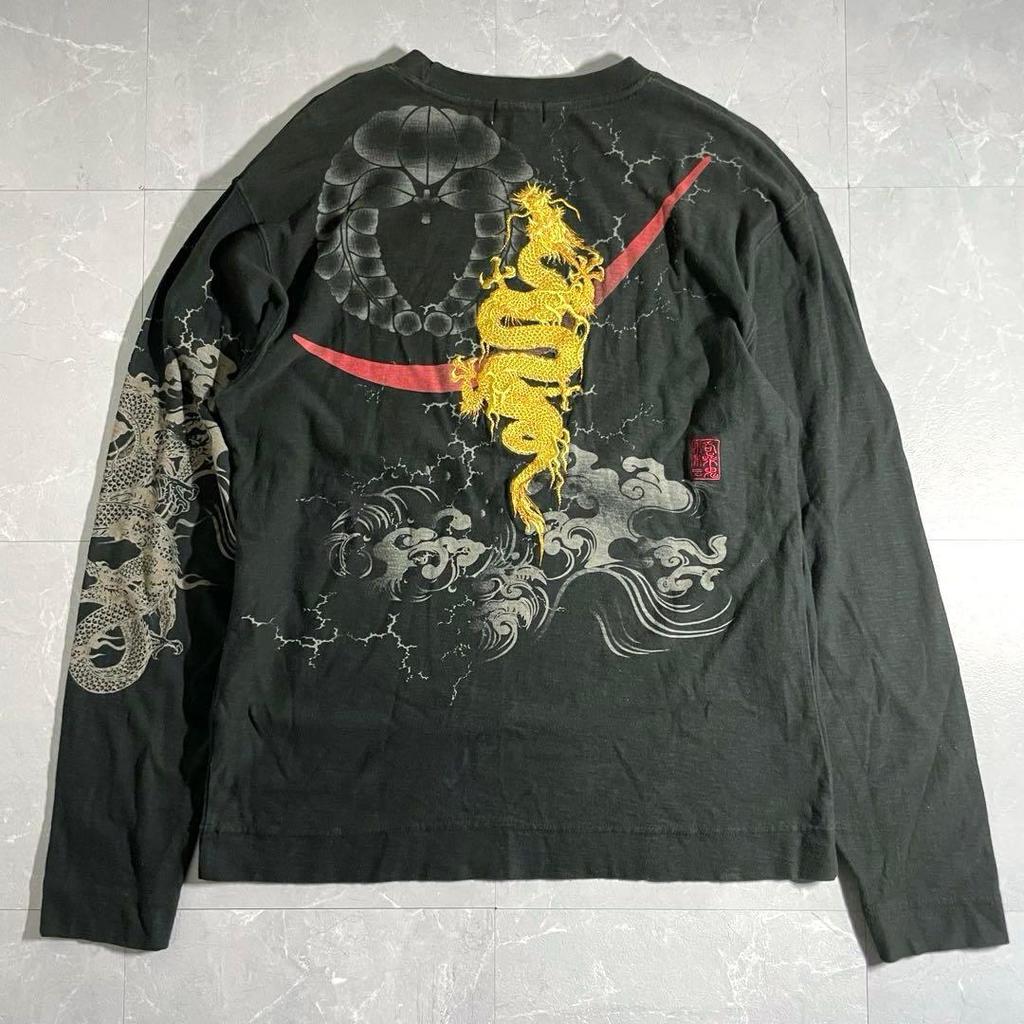 Used archive Karaku-Tamashii Gold Rising Dragon Embroidery Japanese Pattern Long Sleeve Shirt L Size