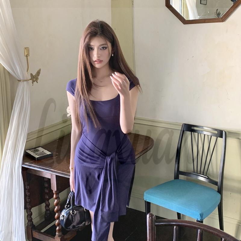 2026 Spring/Summer Loose Strappy Square Neck Two-Piece Slim-Fit Dress Large темно-синий