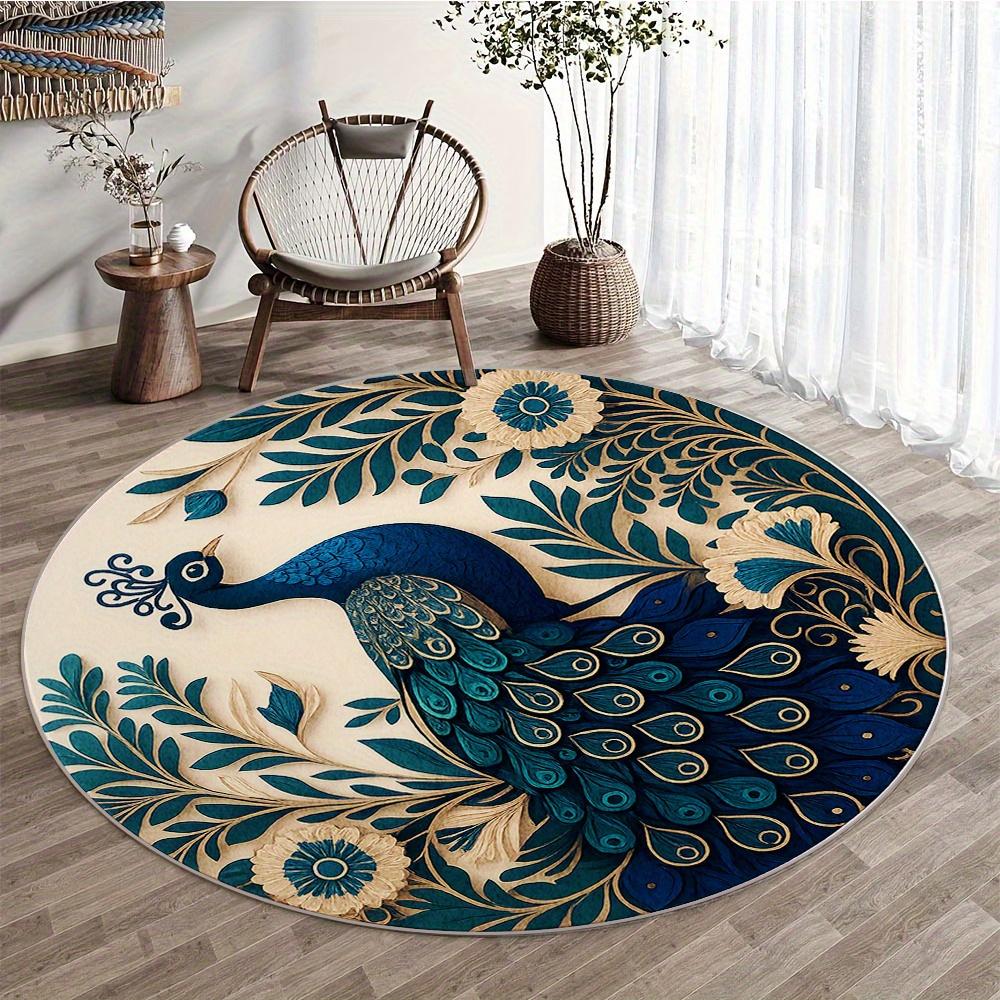 

1PC Luxury Turquoise Gold Peacock Round Rug, Non-slip Floor Mat for Living Room, Bedroom, Bathroom, Holiday Home Decoration 60cm