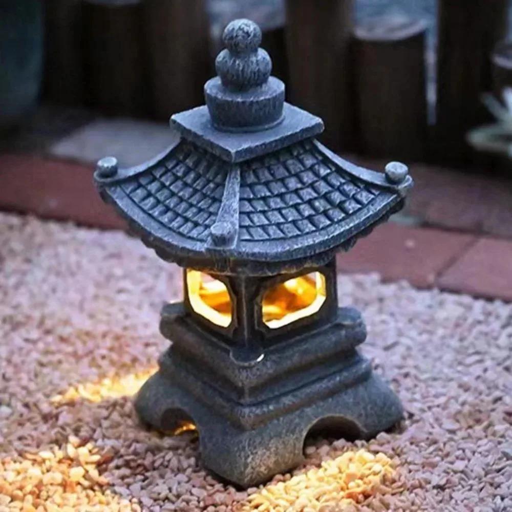 Outdoor Solar Lights Garden Decoration Outdoor Handcrafted Zen Pagoda Sculpture Retro Art Statue For Courtyard Balcony Porch