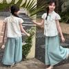 Mädchen Sommer 2026 Chinesischer Stil Hanfu Set: Oberteil mit Stehkragen & Hose mit weitem Bein