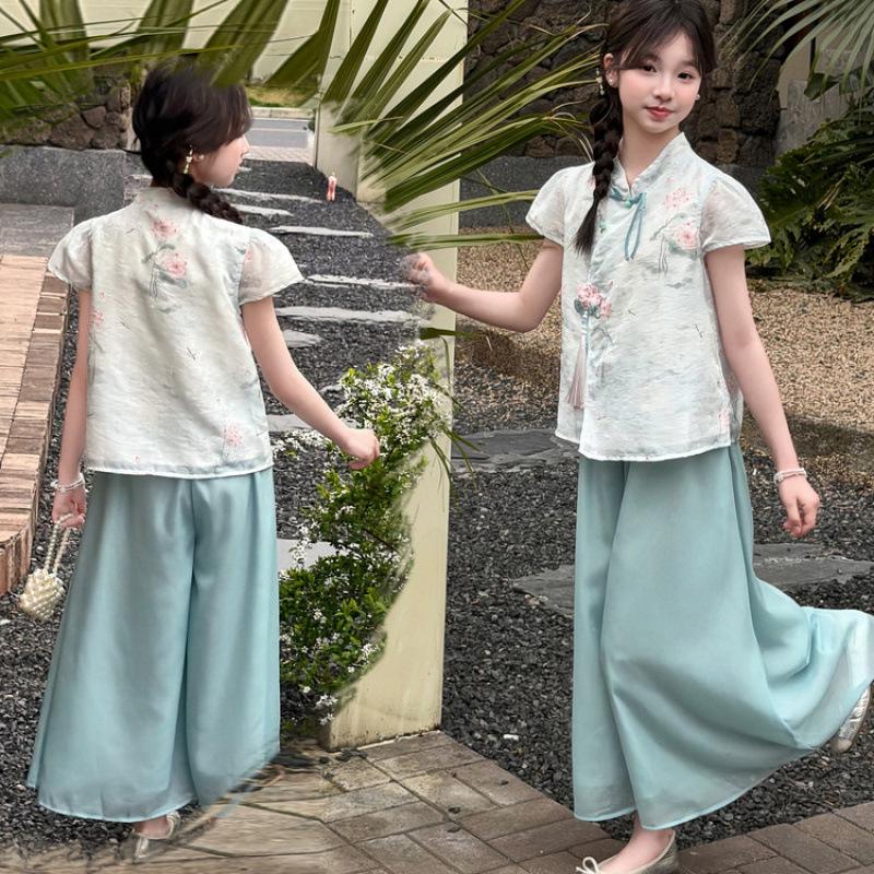 Mädchen Sommer 2026 Chinesischer Stil Hanfu Set: Oberteil mit Stehkragen & Hose mit weitem Bein