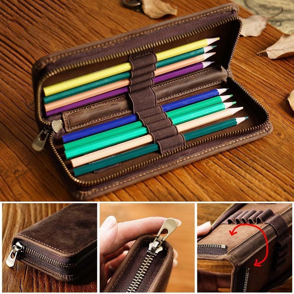 Leder Stiftemäppchen groß einfach zu bedienen für Grundschule Mittelschule Gymnasium Erwachsene Etui, Beutel, hochwertiges Leder, Fassungsvermögen,