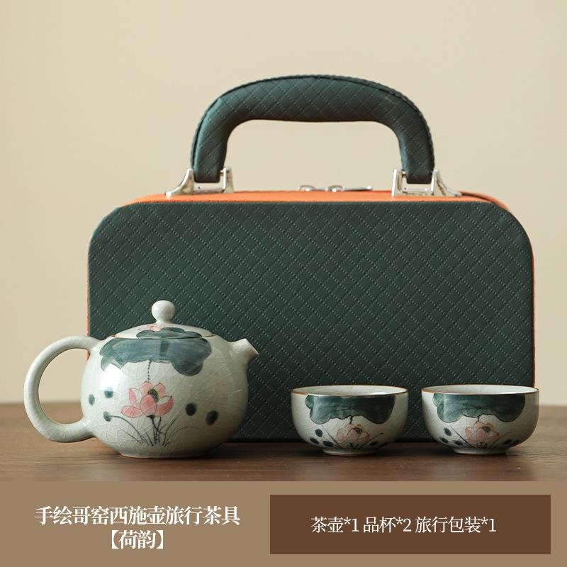 Hand-Painted Ge Kiln Travel Tea Set, High-End One Pot, Two Cups, Small Set, Portable Outdoor Kung Fu Teapot, Drinking Tea Cup