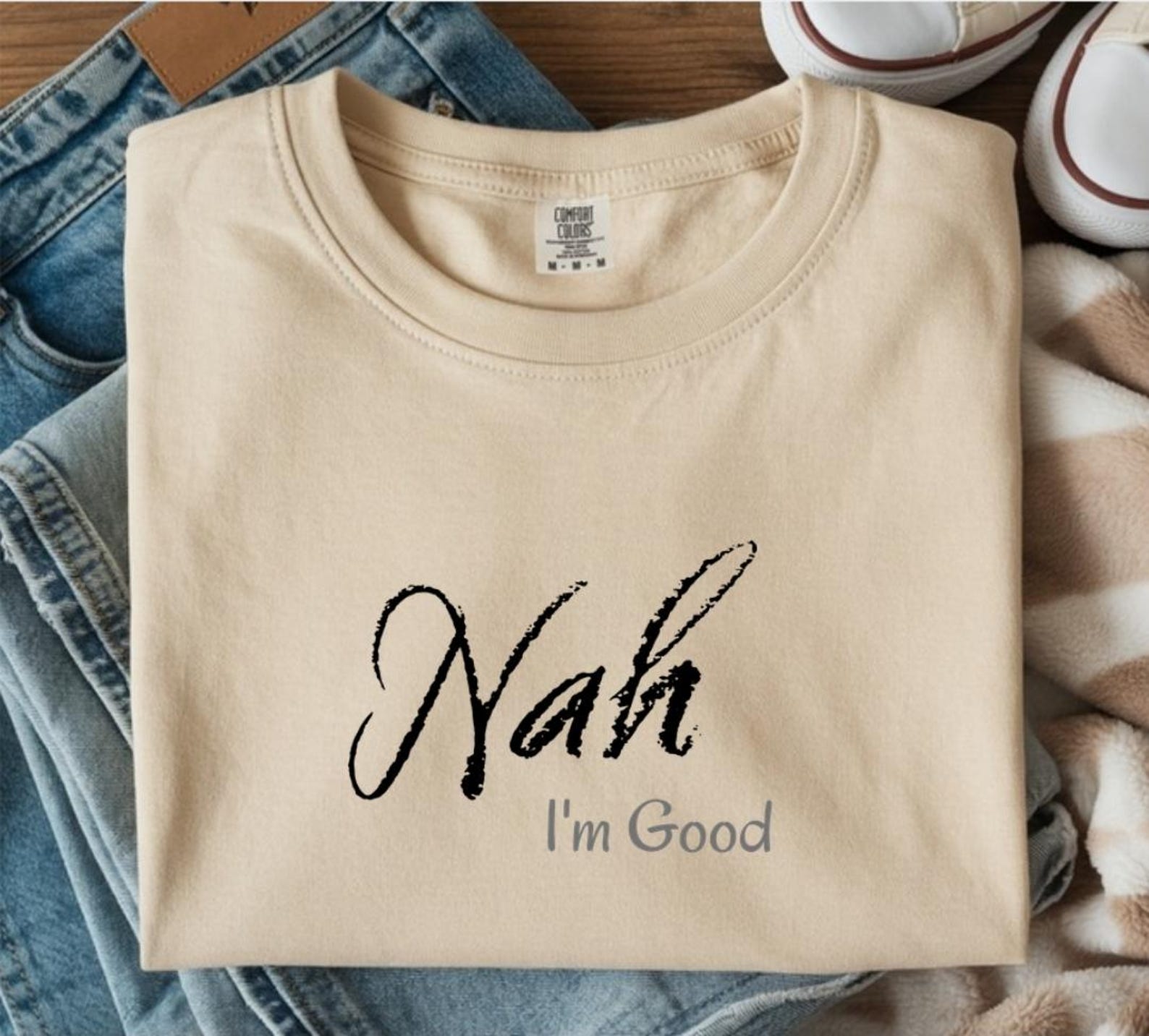 Nah I’m Good T-Shirt | Women’s Relaxed Vibe Graphic Tee | Casual Script Text Shirt | Humorous Everyday Tee | Unisex Casual Tee M
