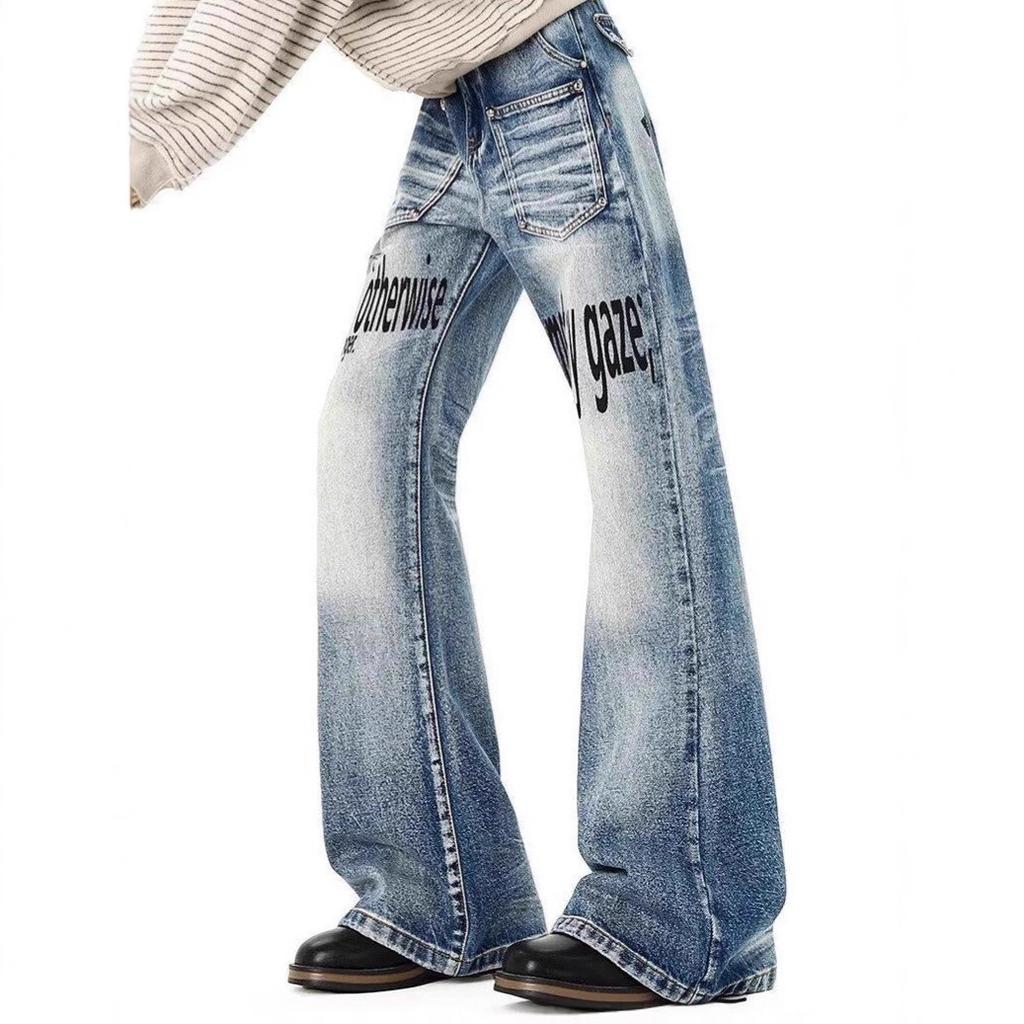 JYL Men's Bootcut Jeans Cartoon Embroidered Winter American Vintage Loose Wide-Leg Denim