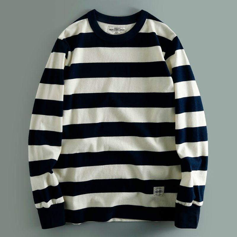 Heavy 280G Double Yarn! European and American Retro Washed Pure Cotton Stripe Long sleeve Loose round Neck Casual Bottoming Shirt Hoodie