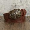 Western Cowboy Leather Belt with Galloping Horse Buckle - Retro Style for Jeans