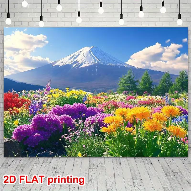 2D Printed Backdrop with Mount Fuji, Colorful Flower Field and Blue Sky Background 47.2x31.5inch/120*80cm
