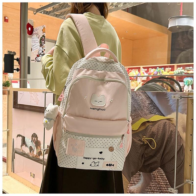Cute Cat Student Backpack Female Japanese Small Fresh Embroidery Wave Dot Elementary School Schoolbag Travel
