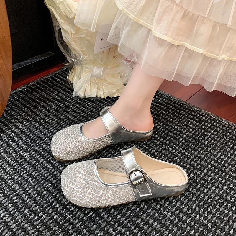 

Fashion Women s Fashion Baotou Shallow Mouth Mesh Cloth Breathable Metal Buckle Soft Sole Anti-slip Wear-resistant Flat Shoes 35 серебряный