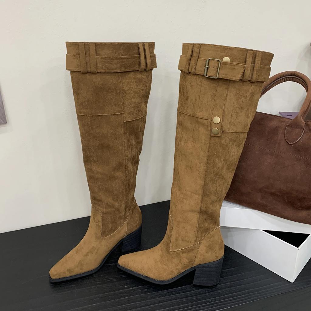 Fashion Eilyken Winter Designer Belt Buckle Women Knee High Boots Fashion Pointed Toe Square Heels Long Booties Largas Mujer