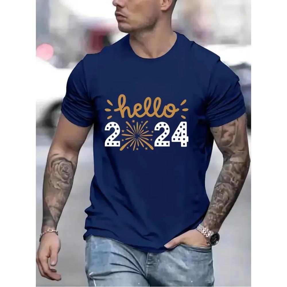 Hello 2024 Print Men Women T-shirt Happy New Year Eve Party Unisex Tops Casual Short Sleeve Black T Shirt New Year Holiday Tees