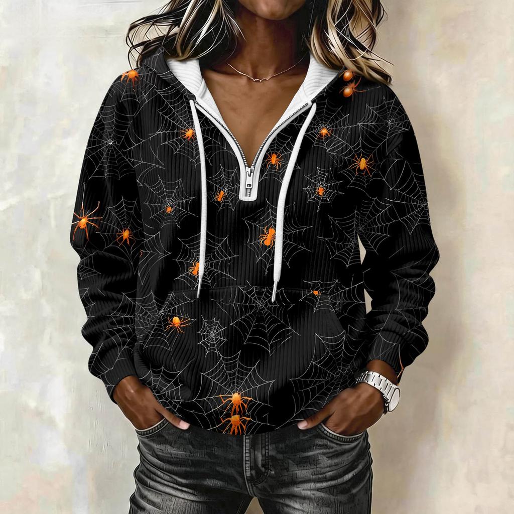 Women's Halloween Printed Long Sleeve Hoodie Drawstring Pullover Sweatshirt