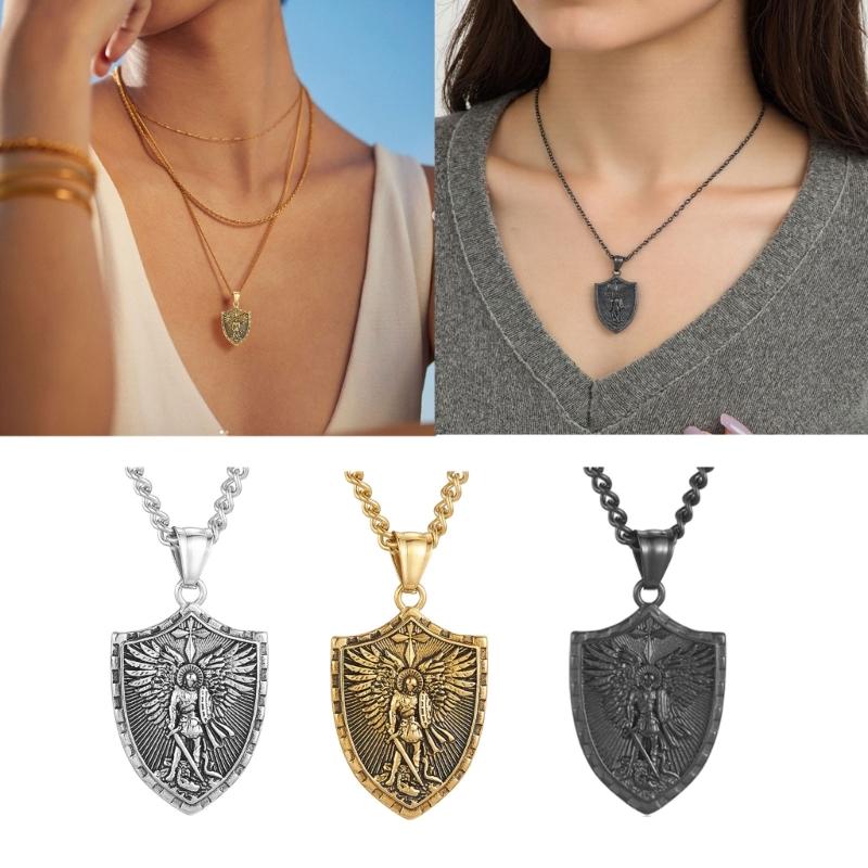 Stainless Steel Pendant Necklace Punk Style Archangel Necklace Stainless Steel Angel Shield Pendant Neck Jewelry