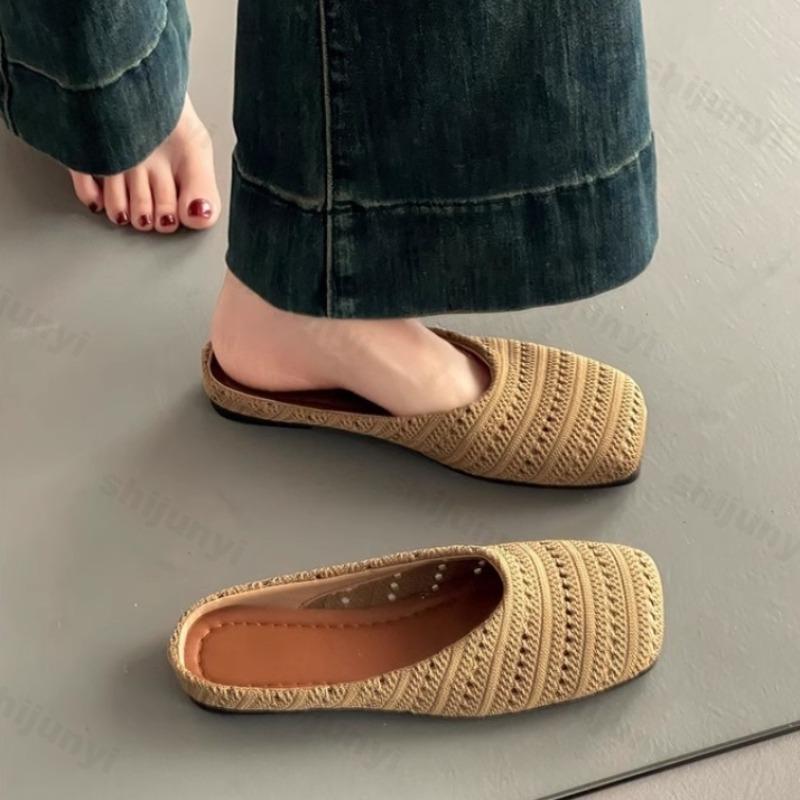 Fashion Retro Woven Design Casual Flat Half Slippers for Women 2025 Summer Hollow Breathable Comfortable Sandals Fashion Beach Draggers