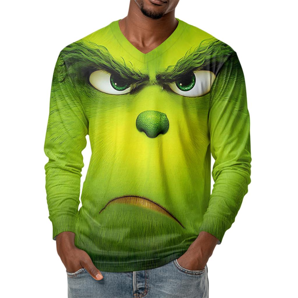 Men's Fashion Printed V-Neck Casual Long-Sleeved T-Shirt Bottoming Shirt Top