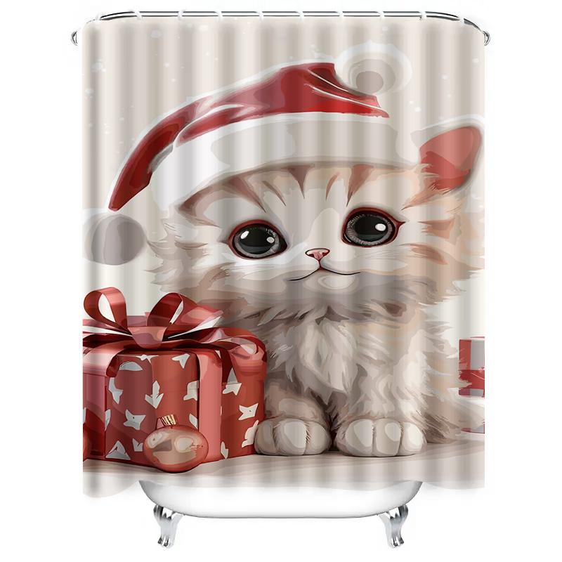Tuniu Cute Kitten Christmas Bathroom Shower Curtain Festive Holiday Decor Fun Pet Lover Gift Set