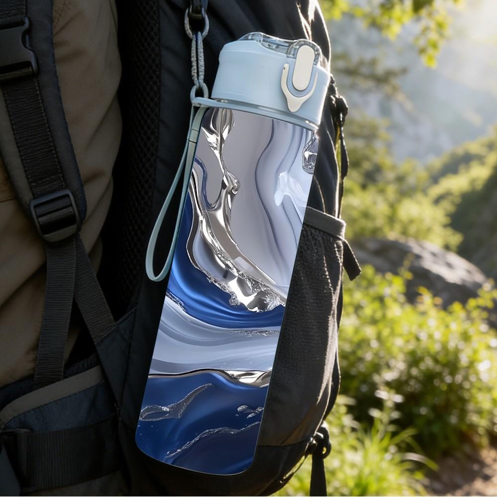 1PC Dark Blue Fluid Marble Pattern 750ml Color Plastic Sports Water Bottle Leakproof Flip Straw Lid Suitable for Sports Office Home Use