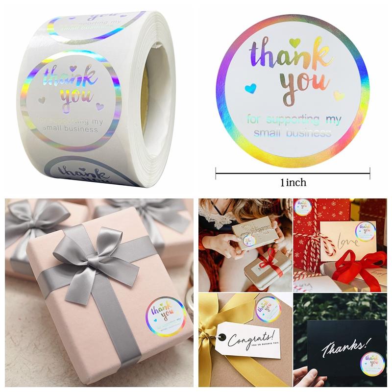 100-500pcs Rainbow Laser Thank You Stickers Small Business Stickers Adhesive Labels for Business Boutiques Wrapping Supplies