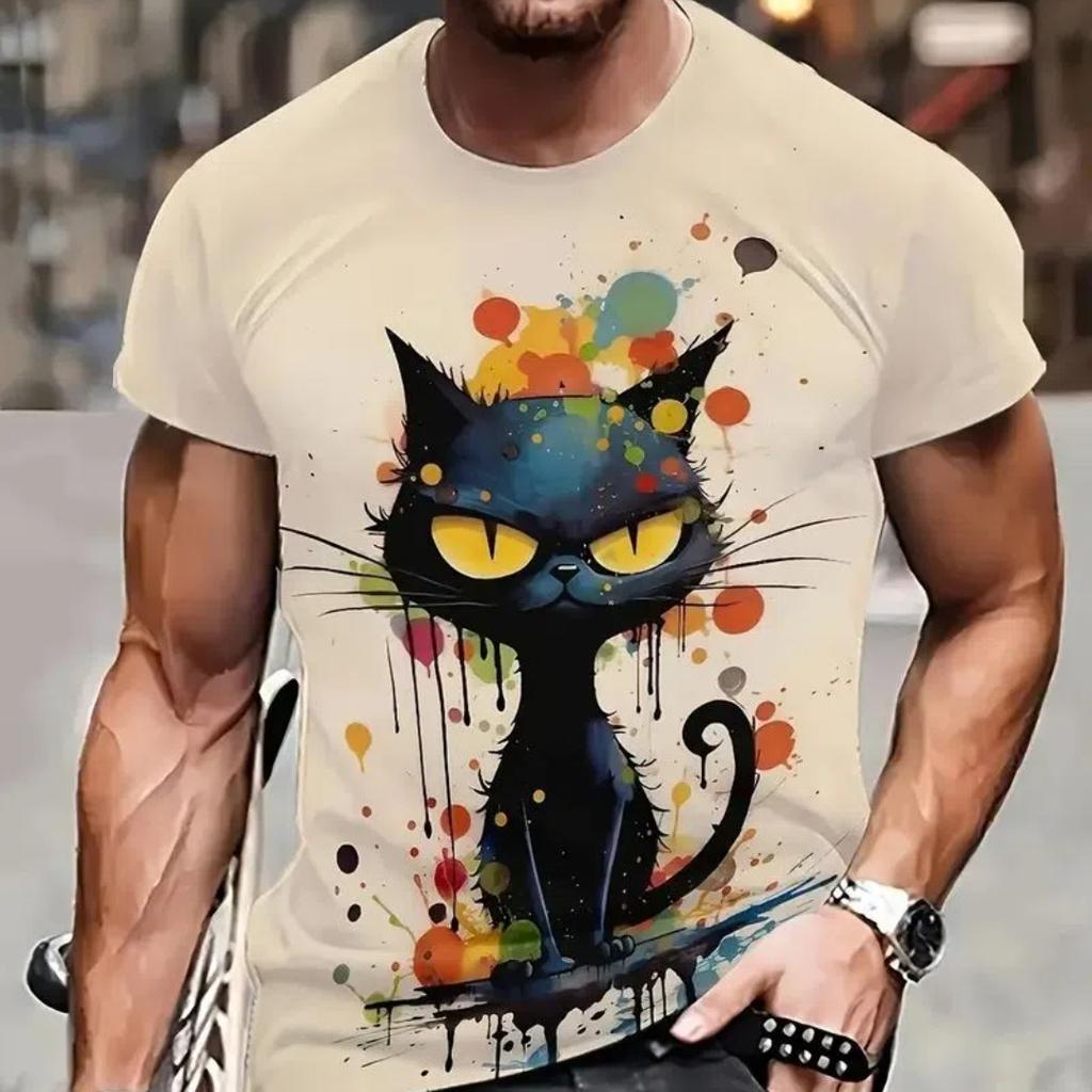 Summer Men's T Shirt Short Sleeve Animal Print Casual O-Neck Oversized Pullover Fashion Streetwear Male Clothing Cat T-Shirts