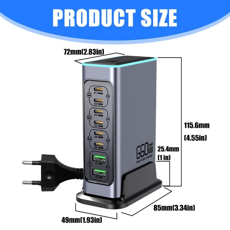 660W 8-Port Schnellladestation USB C PD100W Port für Laptops, Telefone, Tablets, Geräte Europäische Stecker Wandladegerät