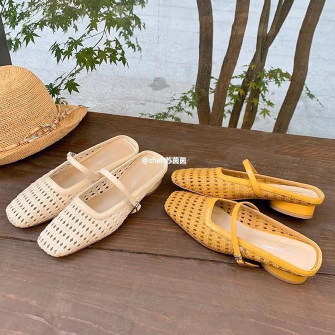 

Spot second hair! Paris vacation~ square head woven thick heel bag head Mary Jane slippers women s half drag new sandals 40