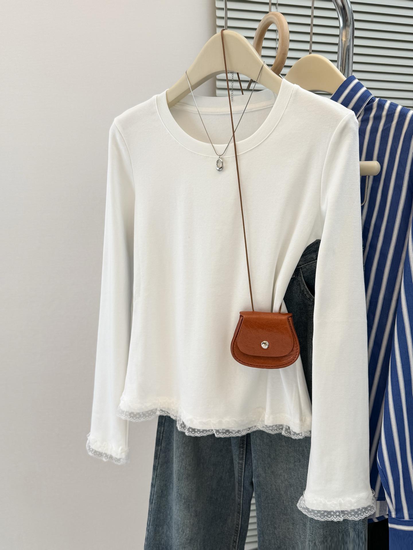 Women s Slim Fit Thermal White Lace Long Sleeve Top - Korean Style for Autumn/Winter Large