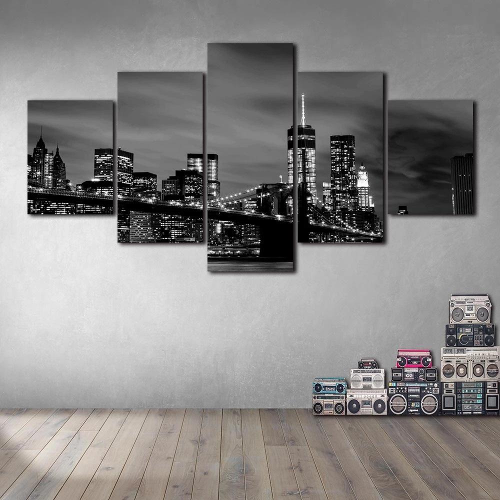Canvas Painting Wall Art 5 Pcs New York Skyline Bridge Night View Poster Prints Modular Picture Home Decor Living Room No Framed