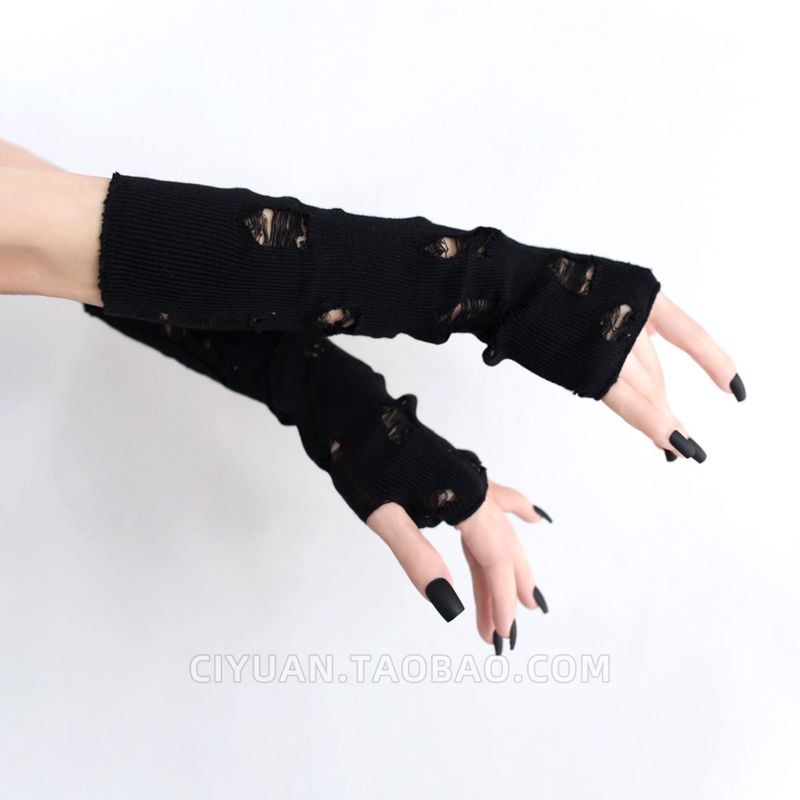 

Lolita Cyberpunk Dark Ripped Gloves Yabi Gyaru Knitted Oversleeve Hand Sleeve Subculture Accessories Black