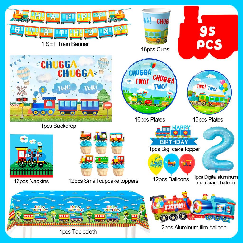 Chugga Chugga Two Two Party Decorations,Train Birthday Decorations&Train Party Tableware-Train Plates Banner Etc Train Birthday Party Supplies